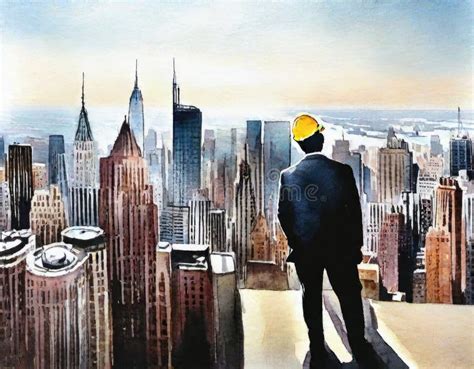 Watercolor Of Construction Worker On Site Stock Illustration