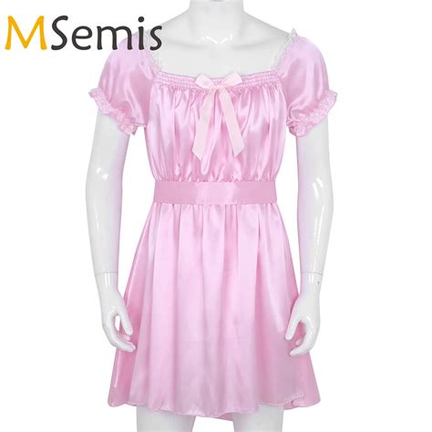 Mens Sissy Lingerie Sissy Dress For Men Shiny Soft Satin High Low Crossdress Lingerie Dress With
