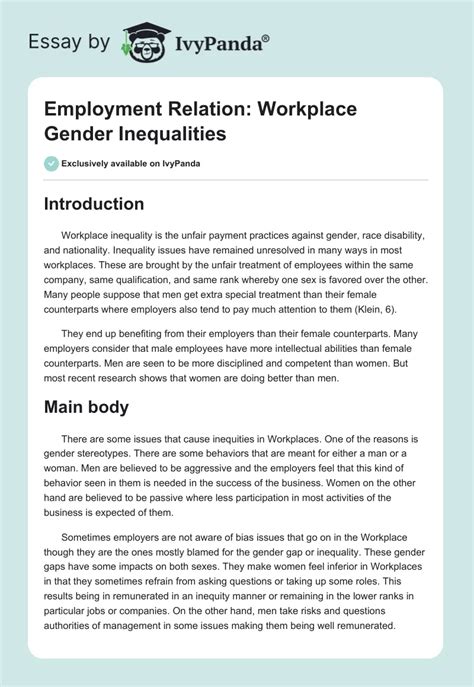 Employment Relation Workplace Gender Inequalities 2557 Words Essay Example