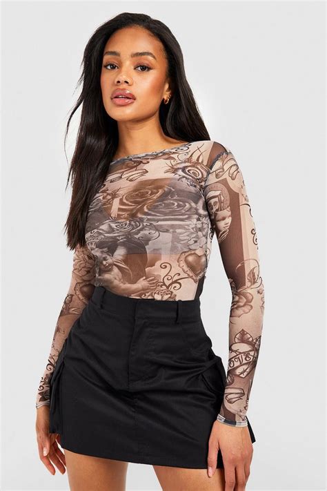 Printed Mesh Long Sleeve Top Boohoo