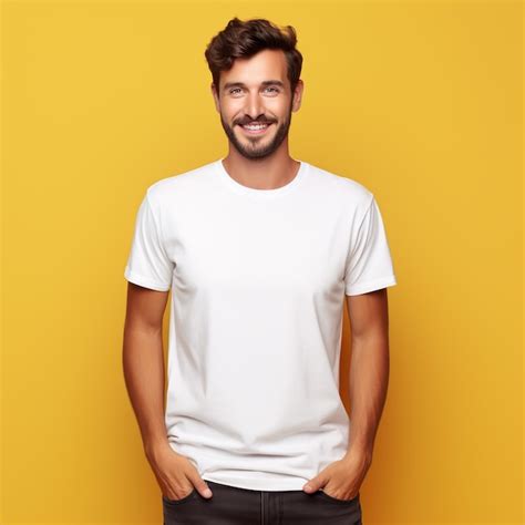 White Man In Blank White Tshirt Empty Male T Shirt Mockup Copy Space White Tshirt For Design