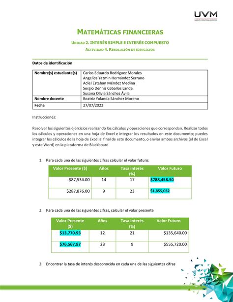 A4 E7 Act4 MATEMTICAS FINANCIERAS UNIDAD 2 INTER SIMPLE E INTER