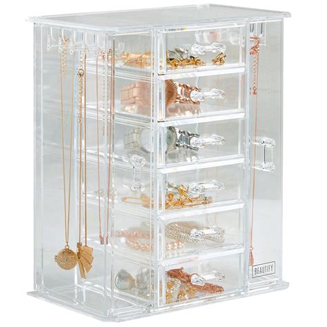 Beautify Acrylic Jewellery Organiser With 6 Storage Drawers Clear