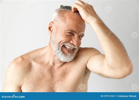 Portrait Of Handsome Mature Half Naked Man With Gray Hair And Beard