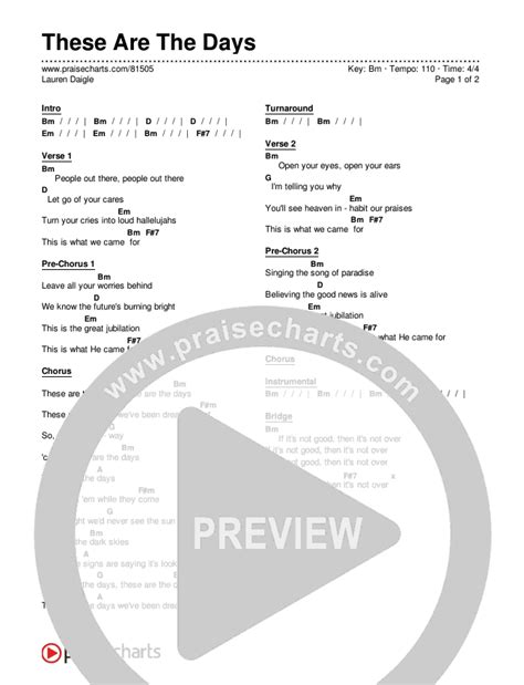 These Are The Days Chords PDF (Lauren Daigle) - PraiseCharts