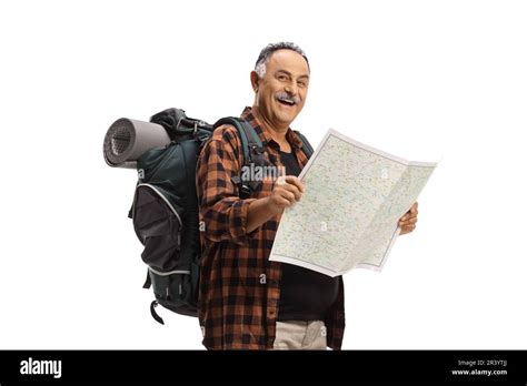 Mature Hiker Holding A Map And Smiling Isolated On White Background