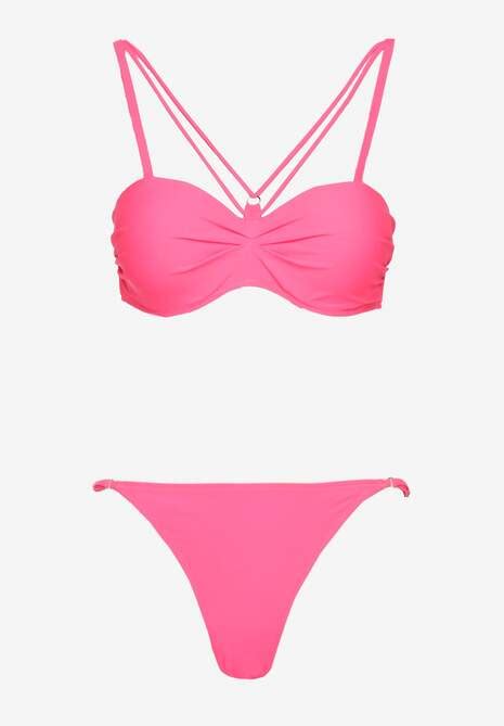 Różowe Bikini Majtki Typu Figi i Biustonosz z Ozdobnymi Paskami Fadelinna Renee