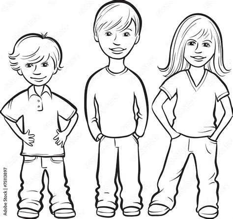 whiteboard drawing - three happy kids standing Stock Vector | Adobe Stock