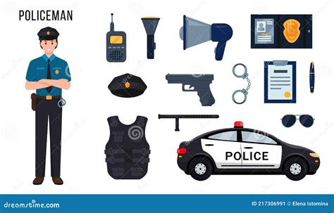 Police Officer Character and Set of Police Equipment. Stock Vector ...