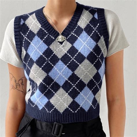 Argyle Sweater Vest Crop Style Vneck Knitwear In Navy Blue Etsy