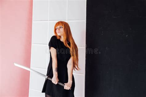 Fashionable Woman with Red Hair Anime Japan Sword Stock Image - Image ...