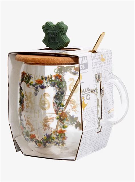 Boxlunch Harry Potter Floral Hogwarts Crest Glass Mug With Lid Spoon