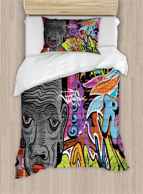 Urban Graffiti Twin Size Duvet Cover Set Hip Hop Spirit Wall Paintings