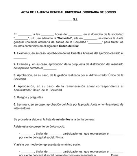 Acta De La Junta General Ordinaria O Extraordinaria De Una Sociedad