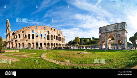 Panoramic View Of The Amphitheater Of Colosseum And Arco Di Costantino