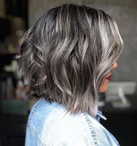 Choppy Brunette Bob With Silver Highlights Grey Brown Hair Grey Hair