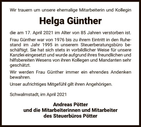 Traueranzeigen von Helga Günther Trauer HNA de