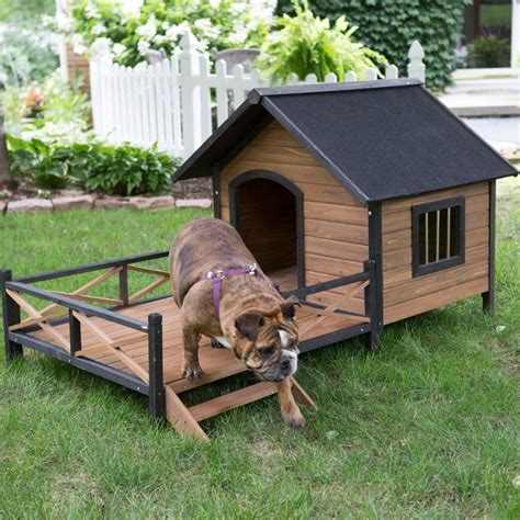 Large Solid Wood Outdoor Dog House with Spacious Deck Porch | Outdoor ...