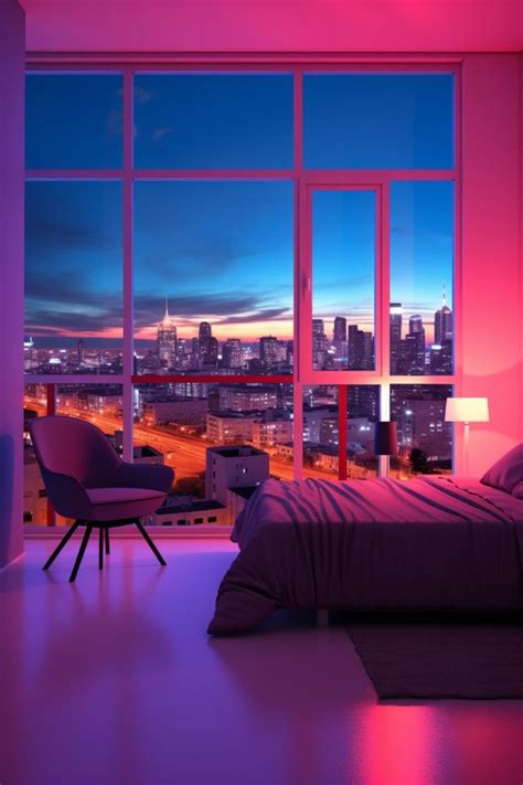 A Minimalist Style Room has a Colorful Cityscape View