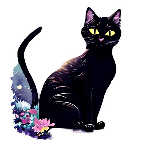 One Black Cat Sitting Thomas Kinkade Style Painting Illustration