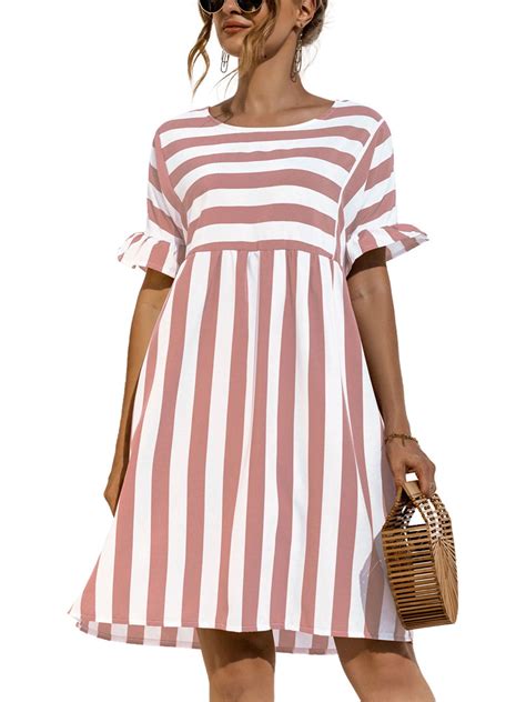 Grianlook Women Stripe Casual Summer Dress Short Sleeve Ruffle Aline Dress Party Beach Short Sun