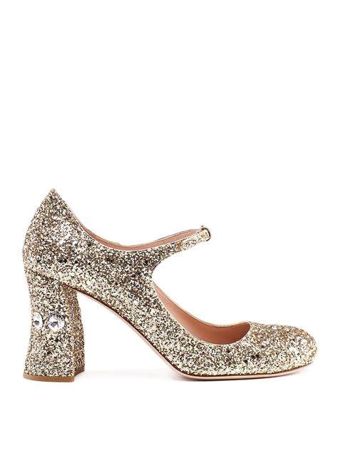 Miu Miu Leather Embellished Glitter Mary Jane Pumps In White Gold