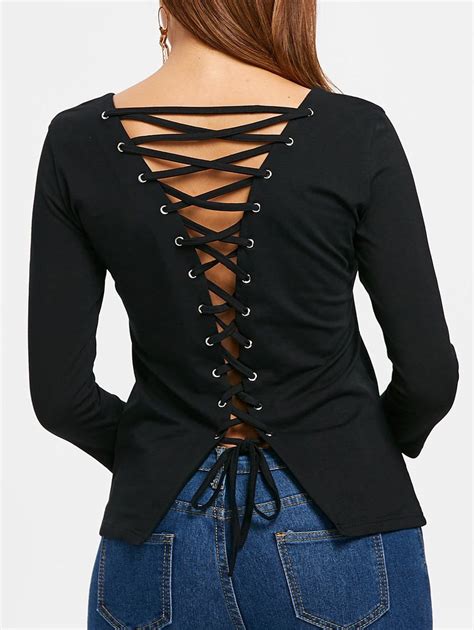 Back Lace Up Top Round Neck Tops Tops Womens Tops