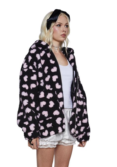 Sugar Thrillz Heart Print Teddy Fleece Oversized Jacket Black Pink