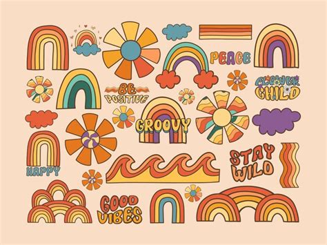 Premium Vector Retro Groovy Elements Vector Set Hippie Flower Rainbow