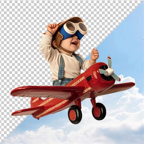 Un niño pequeño vestido como piloto pilotando un avión de juguete en el