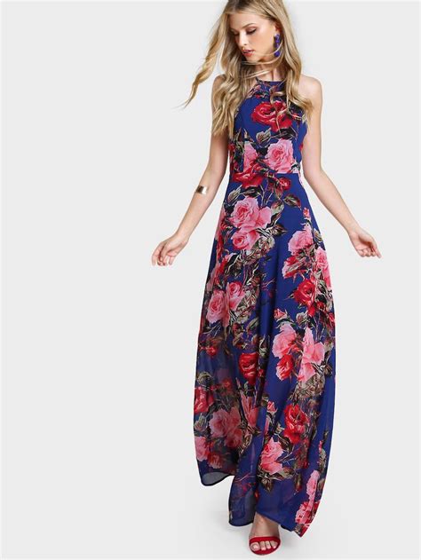 Shein Flower Print Racer Halter Neck Open Back Maxi Dress Printed Maxi Dress Maxi Dress Party