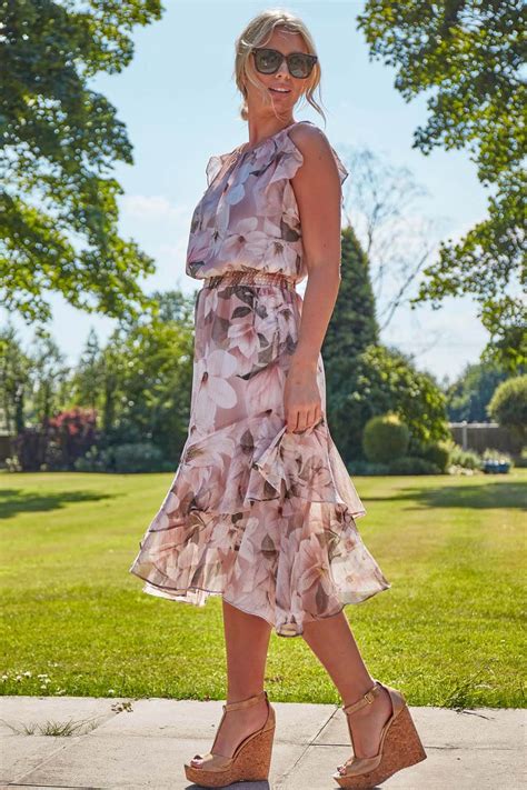 Floral Frill Fit And Flare Midi Dress In Light Pink Roman Originals Uk