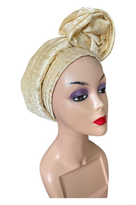 Gold Auto Gele Ready To Wear Damask Pre Tied Head Wrap African