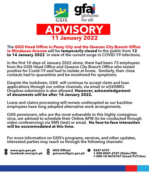 ADVISORY on Temporary Closure of GSIS Head Office and QC Branch Office ...
