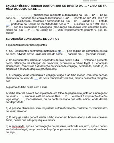 Modelo De Peti O A O De Separa O Consensual De Corpos