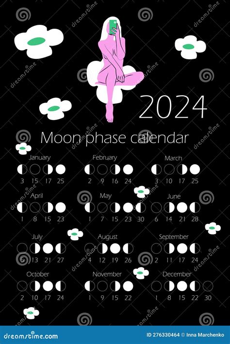 Moon Phases Calendar 2024 With Naked Woman Body In Bright Color Stock