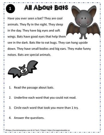 Reading Comprehension About Bats Worksheets