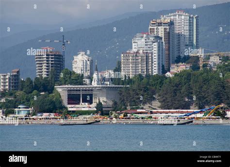 Russia Sochi Seaside Port And Crowded Beach Area Along The Black Sea