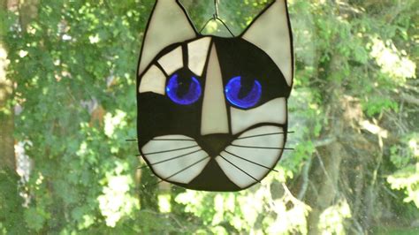 Cat Face Stained Glass In Beautiful Black And White With Blue Eyes Handmade