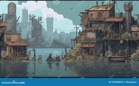 Post-apocalyptic Riverside in 16-bit Pixel Art Style Stock Illustration ...