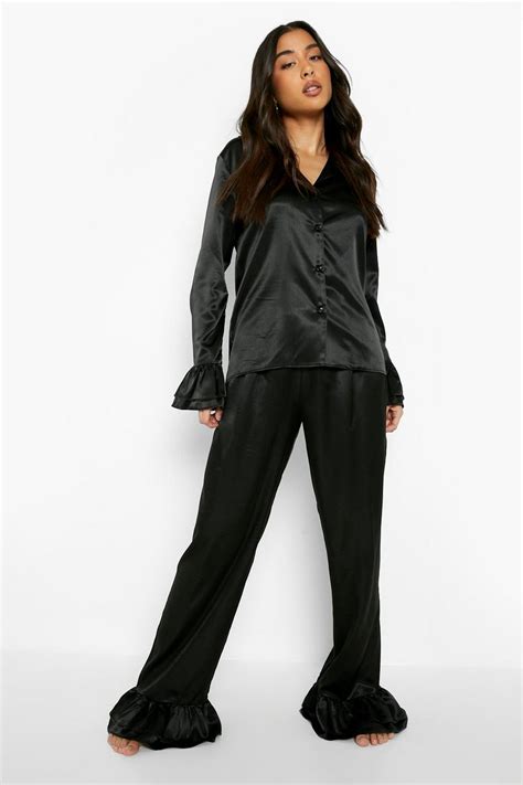 Womens Satin Frill Cuff Pj Trouser Set Boohoo Uk