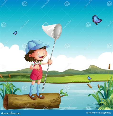 Boy Catching Butterfly In The Garden Vector Illustration