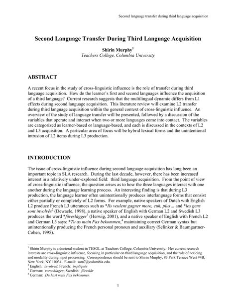 Pdf Second Language Transfer During Third Language Acquisition