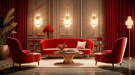 Premium Ai Image Modern Red Vintage Hotel Living Room Interior Design