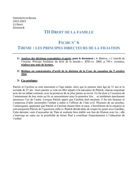 Droit De La Famille TD Enfant UNIVERSITE DE ROUEN 2022 2023 L1