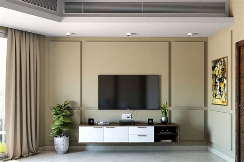 Wall Mounted White And Wood Tv Unit Design With Beige Accent Wall