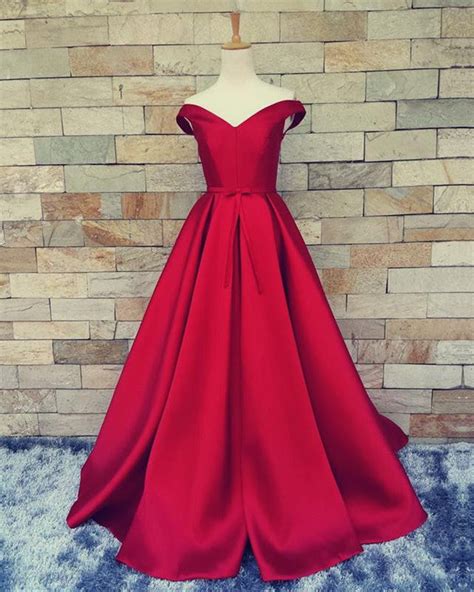 Burgundy Satin Off The Shoulder Prom Dresses Long Alinanova