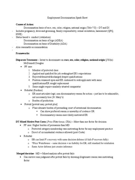 Employment Discrimination Spark Sheet Title Vii Claims Pdf