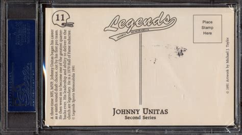 Johnny Unitas Signed 1991 Legends Postcard Psa Pristine Auction