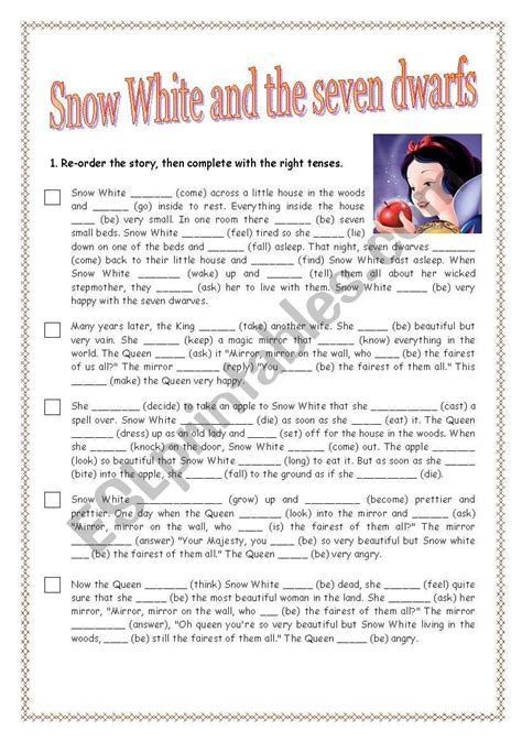 Revising Tenses Snow White And The Seven Dwarfs Esl Worksheet By